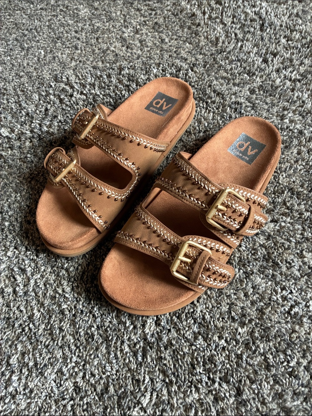 DV by Dolce Vita womens Tan Double-Buckle Slide Sandals with Gold Buckles